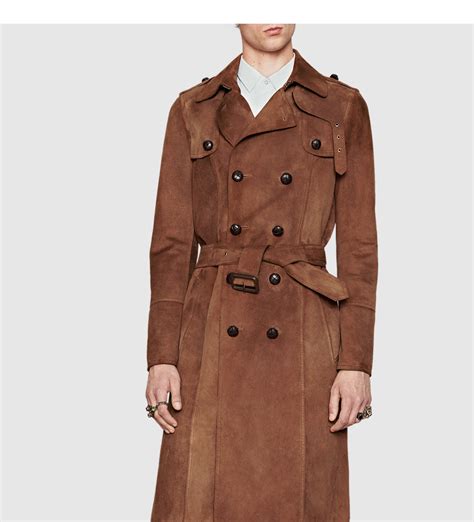 gucci brown suede trench coat|Gucci coat with pearl buttons.